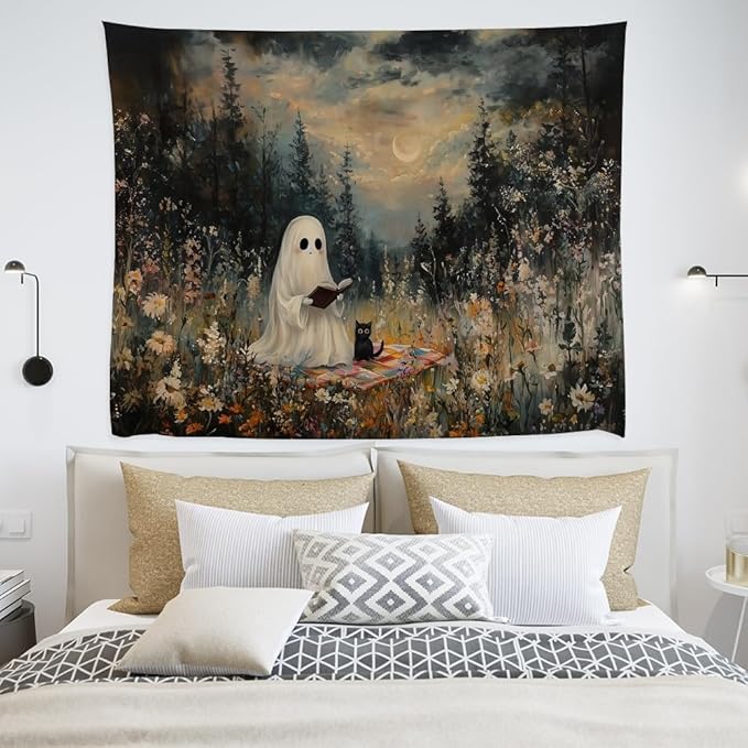 Halloween Ghost and Black Cat Tapestry Wall Hanging Spooky Ghos Reading Book in Wildflowers Wall Decor Halloween Witchy Room Aesthetic Tapestries for Goth Living Room Bedroom Decoration 50x60inch