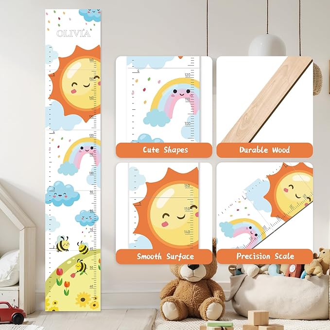 Personalized Name Growth Chart for Wall, Sun Rainbow Height Chart for Kids, No-Drill Growth Chart for Wall, Perfect as Kids Room Decor & Thoughtful Birthday Gift for Boys and Girls
