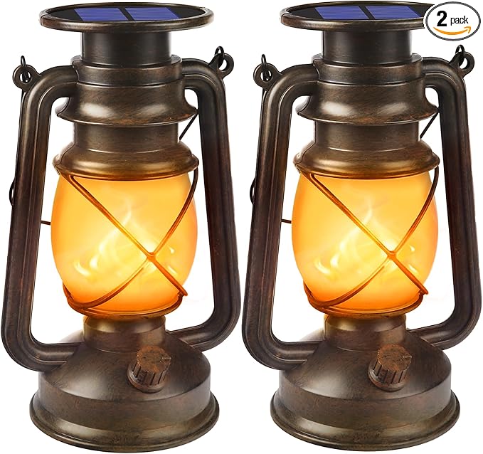 Solar Powered LED Lanterns Decorative Outdoor,2 Pack Bronze Vintage Lanterns with Dancing Flame,Waterproof Solar Hanging Lights for Camping Patio Garden Yard Pathway Decor