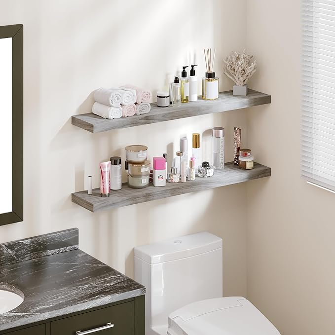 BAMEOS Floating Shelves,40 in W x 8in D Wall Mounted Wooden Shelves with Invisible Brackets Set of 2, Hanging Wall Shelves Decoration for Bedroom, Bathroom, Living Room and Kitchen
