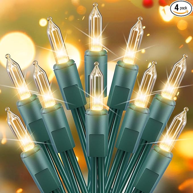 4Pack Christmas String Lights 50 Count 12 Feet Incandescent Bulb Mini Lights for Indoor Xmas Tree Garland Birthday Wedding Party Festival Decoration, Green Wire