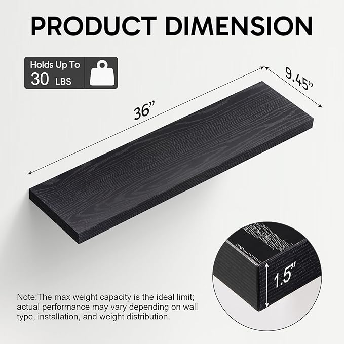 BAYKA Floating Shelves for Wall, 36 inches Long Wall Mounted Rustic Wood Shelves for Bathroom, Bedroom, Living Room, for Books/Storage/Decor with 30lbs Capacity๏ผBlack,Set of 3