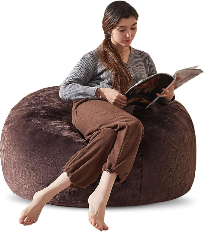 Bean Bag Chair 3Ft, Memory Foam Filled, Large Beanbag Chairs for Adults and Teens, Soft Sofa with Removable Flannel Cover, Round Couch for Living Room Bedroom College Dorm (Brown, 3FT-36×36"×24")
