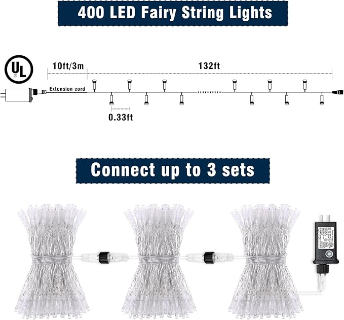 Blue Green Christmas Lights Outdoor Waterproof 131ft 400 LED Christmas Lights Clear Wire Connectable Twinkle Fairy String Light Plug in for Indoor Bedroom Wedding Classroom Tree Decorations