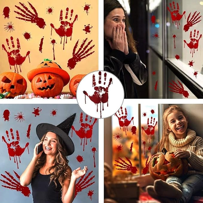 Halloween Decorations, 8 Sheet/95Pcs Halloween Bloody Handprint Footprint Wall Decal Floor Clings, Horror Handprint Home PVC Halloween Decoration Window Stickers