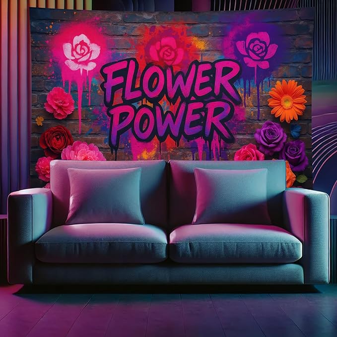 Starlit Patio Flower Power Blacklight Tapestry UV Reactive Wall Hanging Graffiti Brick Wall Roses Spray for Bedroom Dorm Living Room Glowing Retro Aesthetic Decor Fluorescent Trippy Poster 78 x 59 Inc