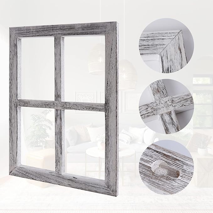 Rustic Wood Window Frame with Green Wreath and Arrows Wall Decor,Farmhouse Window Frame Hanging Decor, Wooden Fake Decoration,Window Pane Wall Decor,Set of 2 (White)