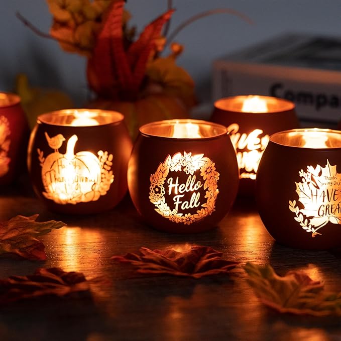 6 Pieces Thanksgiving Candle Holders Orange Pumpkin & Leaf Engraved Tealight Holders for Fall Table Centerpieces, Wedding & Home Decor Indoor and Outdoor