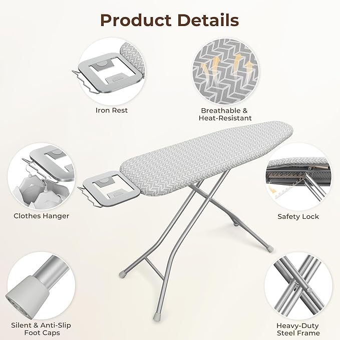 Yaheetech Foldable Ironing Board, Heavy Duty Iron Board with 9 Adjustable Heights, 4 Layer Cover and Safety Iron Rest, 52X14 Compact and Space Save Iron Board for Home Laundry Room Use, Gray&White