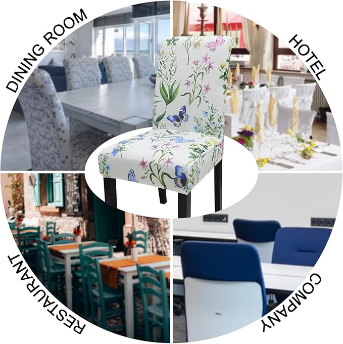 JQinHome Pattern Chair Covers for Dining Room Set of 6, High Stretch Removable Washable Parsons Chair Slipcover for Home Party Hotel Wedding Ceremony (Flowering Butterflies,6PCS)