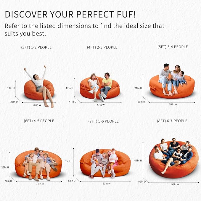 Bean Bag Chair for Adults 6FT,Soft Removable Cover for Teens/Girls Bedroom,Fluffy Giant Round Floor Beanbag Lounger Chairs (No Filler,Orange)