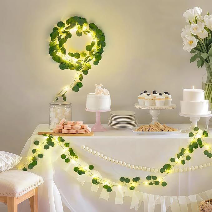 JMEXSUSS 33 FT 100 LED Eucalyptus Vine Fairy Lights, Vines with Lights Battery Operated with Remote, Eucalyptus Leaf Light Garland Indoor Outdoor for Bedroom Wall Classroom Party Decor(Warm White)