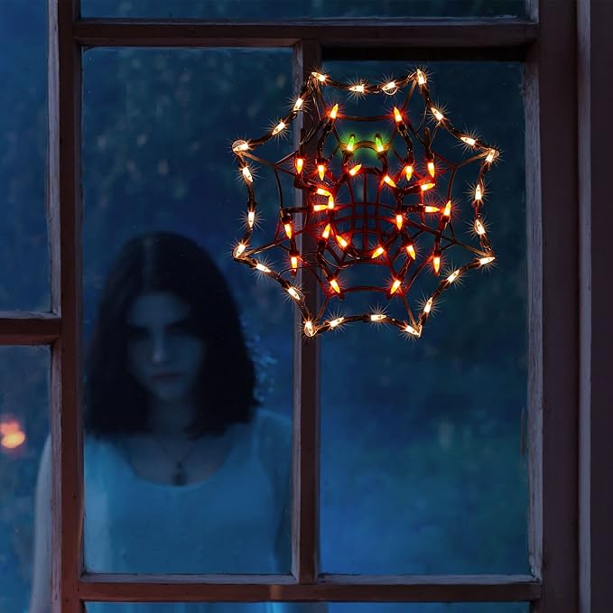 12.8" Lighted Cobweb Halloween Window Silhouette Decoration,Halloween Lighted Window Decoration,Hanging Light Up Holiday Ornament( Cobweb Light)