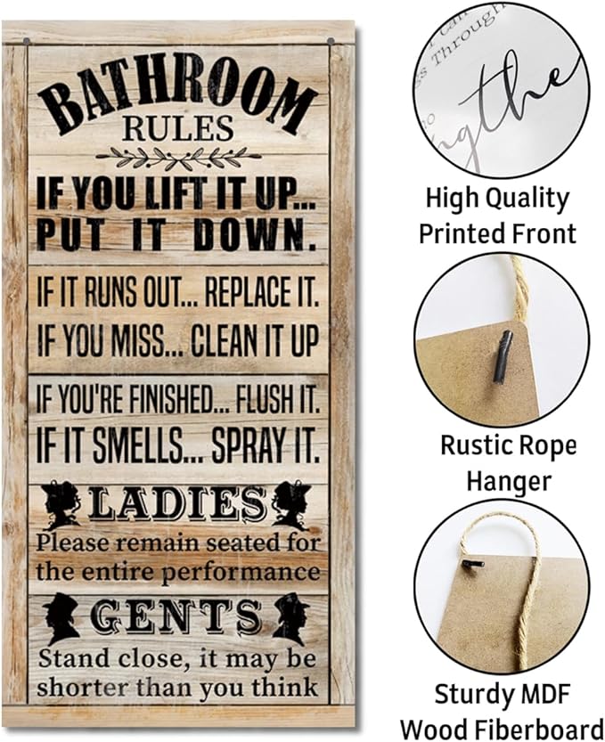 Rustic & Funny Bathroom Signs - Western & Farmhouse Bathroom Rules Wall Decor E1