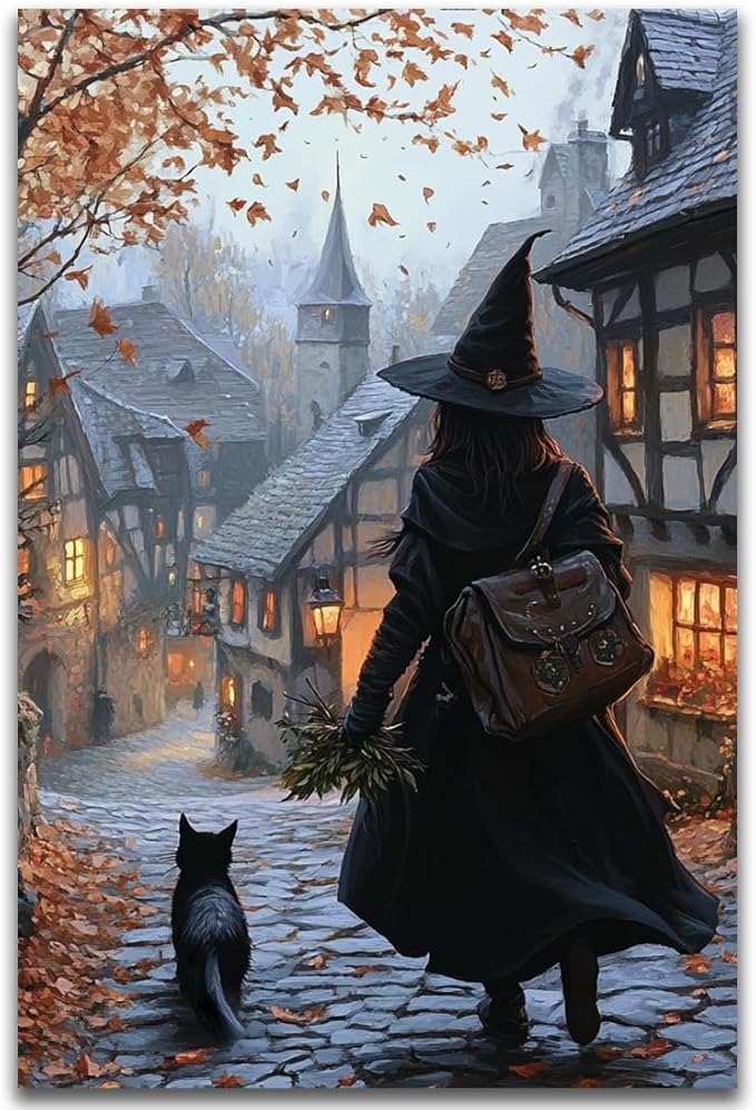 Autumn Witch And Black Cat Picture Wall Decor,Halloween Canvas Vintage Rustic Wall Art,Preppy Bedroom Living Room Bathroom Poster Print,20"x30" Unframed