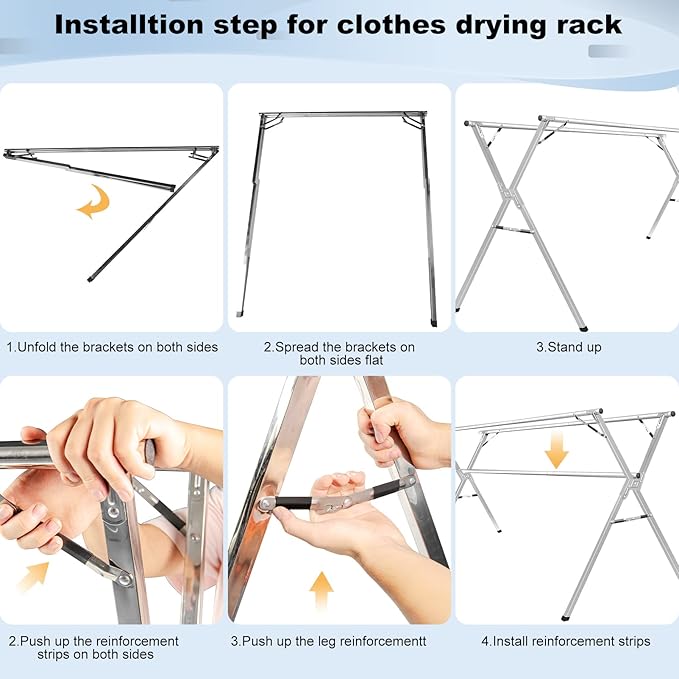 Sillars Clothes Drying Rack, 79 inches Laundry Drying Rack Clothing Foldable & Collapsible Stainless Steel Heavy Duty Clothing Drying Rack with Windproof Hooks for Indoor Outdoor