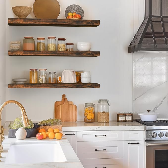 BAYKA Floating Shelves for Wall, 36 inches Wall Mounted Rustic Wood Shelves for Bathroom, Bedroom, Living Room, for Storage/Decor with 30lbs Capacity๏ผRustic Brown,Set of 3