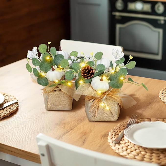 Janinka 2 Set 11 Inch Fall Decorations for Home White Pumpkins Eucalyptus Tables Centerpieces Artificial Pine Cones Berry Stem Picks Decor with 20 LED Lights for Autumn Thanksgiving Decorations
