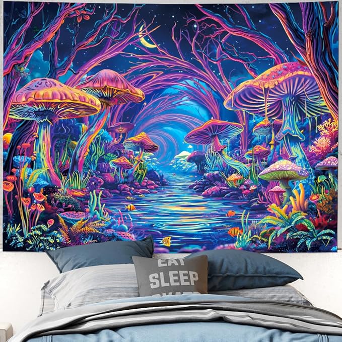 Yuiqear Blacklight Forest Tapestry UV Reactive Mushroom Tapestries Fantasy Landscape Wall Decor Aesthetic Plant Floral Tapestry Wall Hanging for Bedroom