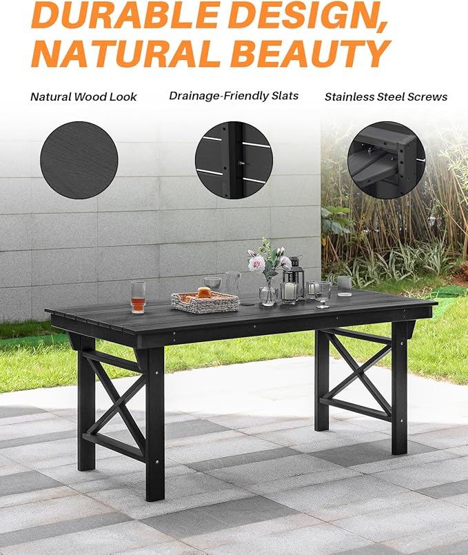 HDPE Outdoor Dining Table, 66.9” Rectangle Patio Dining Table for 6, All-Weather HDPE Outdoor Table with 2.2” Umbrella Hole, HDPE Patio Furniture for Deck, Backyard, Garden, Pool, Obsidian