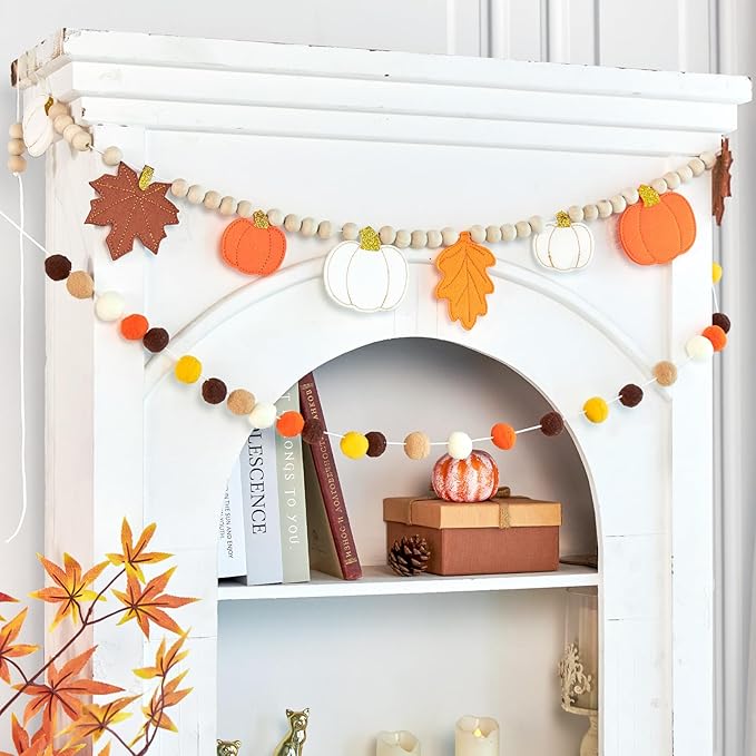 2 Pcs Fall Decorations for Home, Felt Pumpkin Leaves Garland and Wood Bead for Mantel, Felt Ball Garland, Thanksgving Decorations Indoor, Pumpkin Banner
