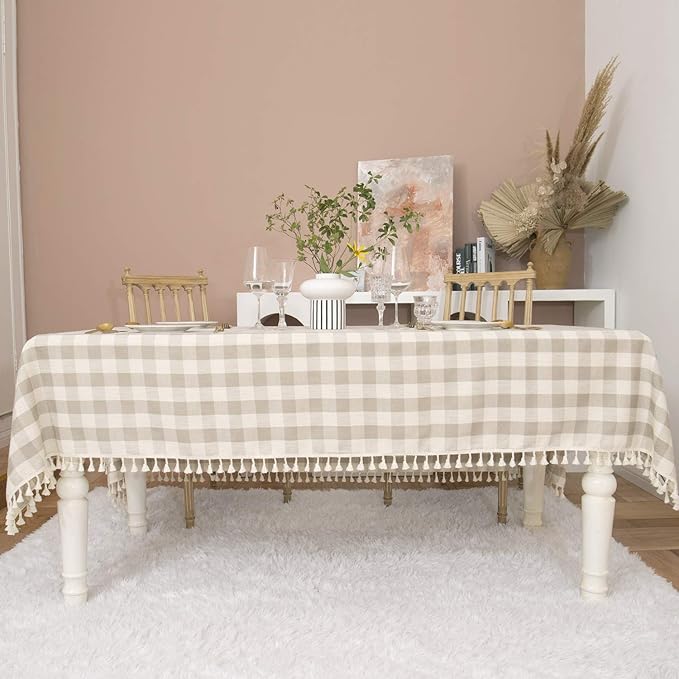 Rustic Checkered Tablecloth, Cotton Gingham Rectangle Table Cloths for Kitchen Dining Restaurant Farmhouse Thanksgiving Christmas Décor(55x102”,Gray Khaki)