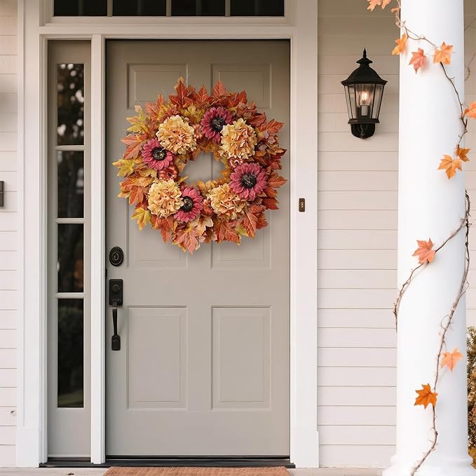 28'' Large Fall Wreath for Front Door, Porch, Window- Artificial Maple Leaves Faux Sunflower Hydrangea Pumpkins Outdoor Autumn Wreath for Home, Farmhouse Wall Thanksgiving Day Harvest Festival Decor