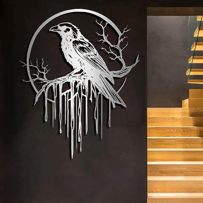 Crow Metal Wall Decor, Raven Wall Art, Large Gothic Raven Decor Hangings, Bird Wall Decor, Metal Tree Branch Decor, Ravens Sign, Raven Art for Living Room (Silver, 31"x25" | 80x64cm, metal wall art)