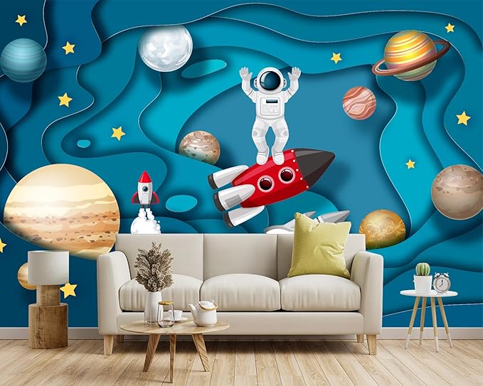 '-Kindergarten Children Galactic Planet Fabric Wallpaper Living Room Bedroom Boys Girls Children Cartoon Astronauts Large Mural- 160"x108"( not Peel and Stick)