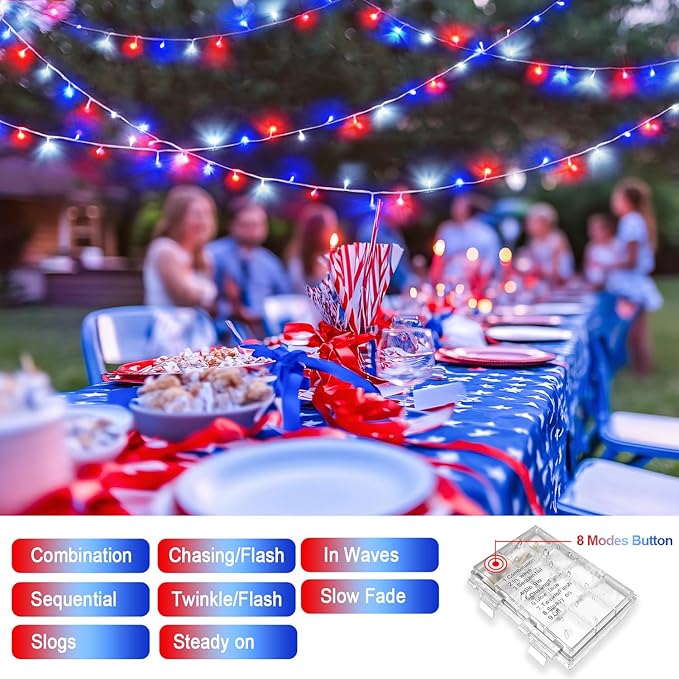 JMEXSUSS 2 Pack Red White and Blue Lights Outdoor, 33ft 100 LED 4th of July Lights Battery Operated, 8 Modes Patriotic Decorations for Indoor Outside Independence Day American Flag Holiday
