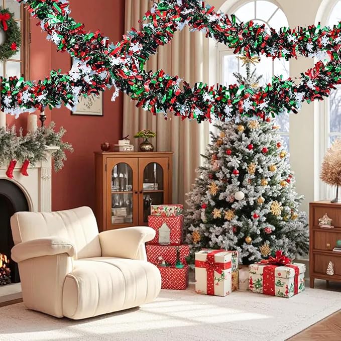 50 Feet Green Red Christmas Metallic Tinsel Twist Hanging Garland with Snowflake for Home Mantle Xmas Tree Staircase Railing New Year Holiday Party Indoor Outdoor Decorations(2 Pcs)