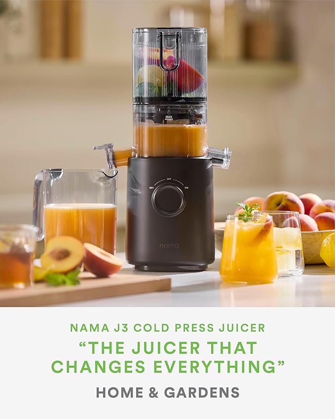 Nama J3 Compact Cold Press Juicer – Space Saving & Self Feeding for Hands-Free Operation – Lightweight, Portable Zero Waste Slow Masticating Juicer – Easy Cleanup & Assembly - Black