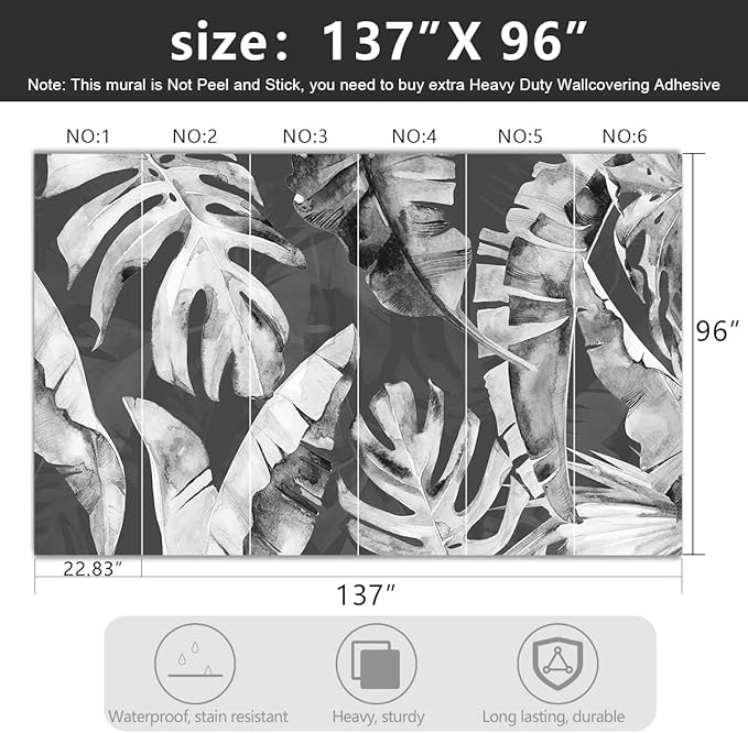 '-Tropical Botanical Grey Banana Leaf Fabric Wallpaper Living Room Bedroom Bathroom Plant Large Wall Mural- 137"x96"( not Peel and Stick)