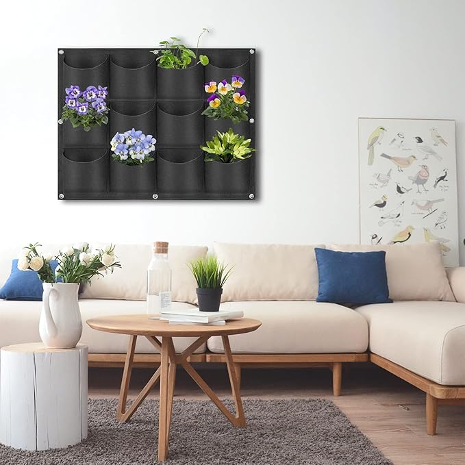 12 Pockets Hanging Planter Bags, Hanging Vertical Wall Mounted Plant Planting Grow Bags, Herb Garden Planter Outdoor Indoor Growing Bag, Gardening Vertical Greening Flower Container(0.6m×0.8m, Black)