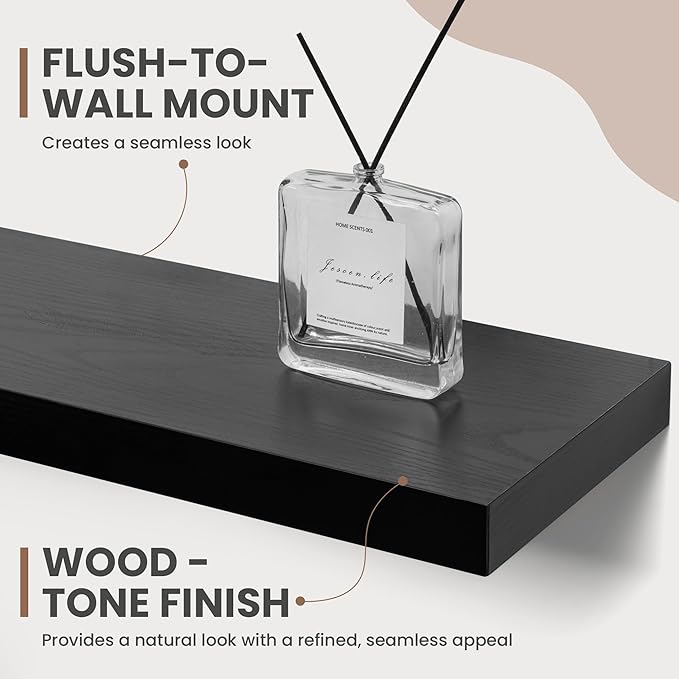 30 Inch Floating Shelves, 8 Inch Deep Floating Shelves for Wall, Hanging Shelf with Invisible Brackets, Deep Shelves for Bathroom, Bedroom, Living Room, Black, Set of 2