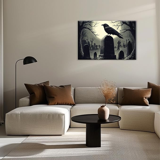 Crow Canvas Wall Art Gothic Black Bird On Branch Painting Print Spooky Forest Full Moon Scenery Poster Artwork Framed Halloween Home Decor(Artwork-3,16"x24")