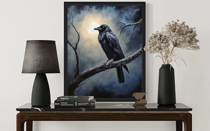 Crow under the Moonlight Poster Art Print, Halloween Scary Vintage Wall Art Academia Spooky Painting Decoration for Horror Prints, Gothic Posters Bedroom Decor 89 (Crow under the Moonlight, 16 x 20 inches, Black Frame)
