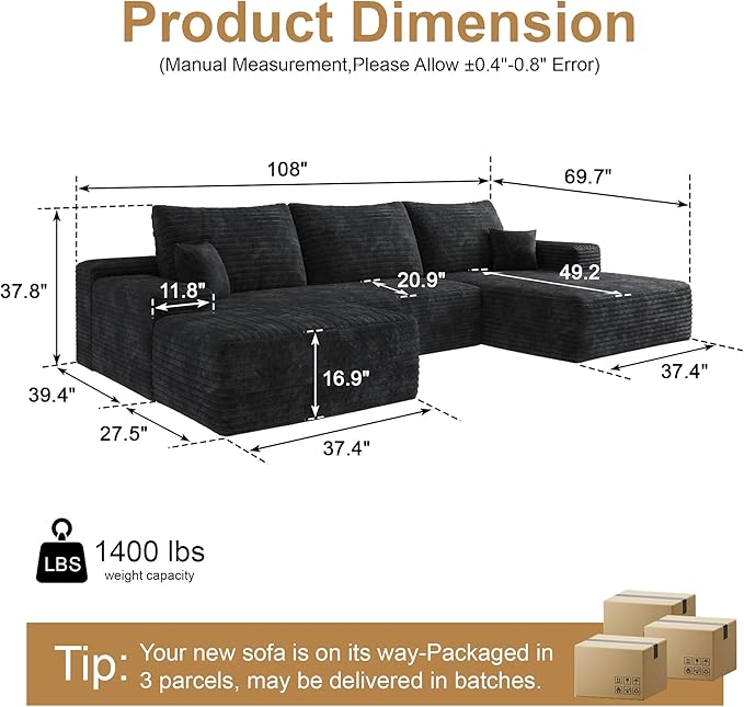 108" Sectional Couches for Living Room Modern Modular Sofa with L-Shape Couchs Upholstered Boneless Couch Deep Seat Sectional Couch with Chaise (Black, Right Facing Chaise+2Seaters+1Ottoman)