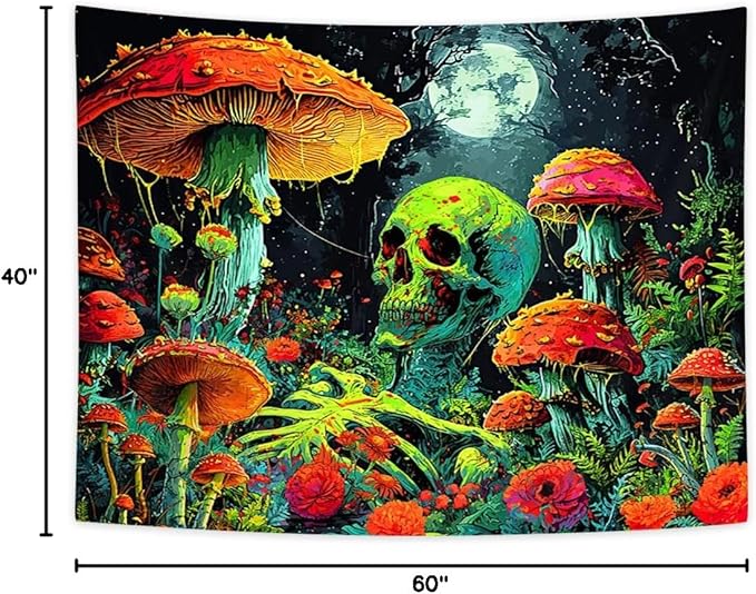 Xiaoput Blacklight Skull Wall Art, Black Light Skeleton Tapestry for Bedroom, UV Reactive Neon Gothic Tapestry for Men, Glow in Dark Trippy Forest Wall Hanging for Home Decor 60x40IN