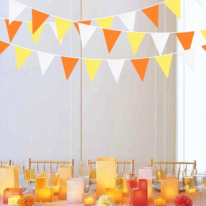 32Ft Orange Yellow White Triangle Flag Fabric Banner Pennant Garland Bunting Streamer for Fall Decor Autumn Wedding Birthday Sunshine Groovy Party Thanksgiving Day Outdoor Garden Hanging Decorations