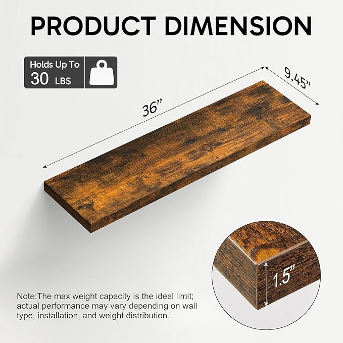 BAYKA Floating Shelves for Wall, 36 inches Wall Mounted Rustic Wood Shelves for Bathroom, Bedroom, Living Room, for Storage/Decor with 30lbs Capacity๏ผRustic Brown,Set of 3