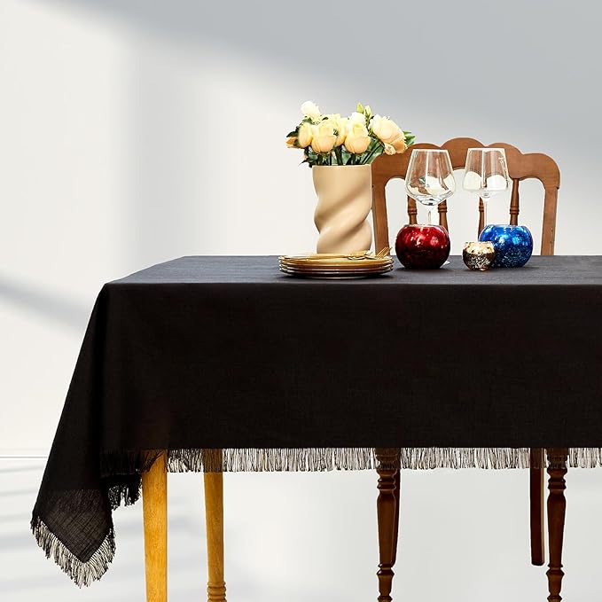 Table Cloth Rectangle Table-Rustic Cotton Tablecloth Craft Fringed Farmhouse Table Cloths for Kitchen Dining (55x120 Inch, Black)