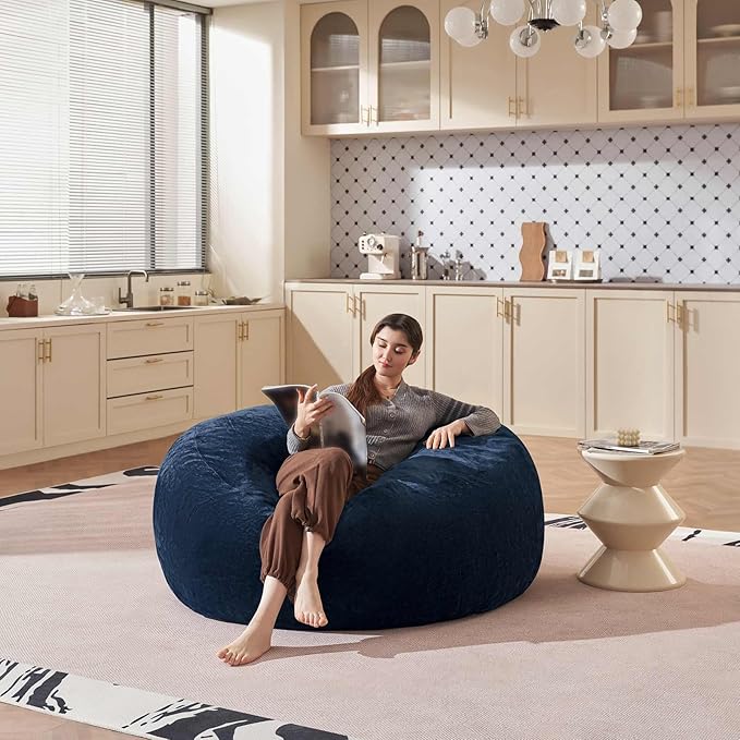 Bean Bag Chair 5Ft, Memory Foam Filled, Large Beanbag Chairs for Adults and Teens, Soft Sofa with Removable Flannel Cover, Round Couch for Living Room Bedroom College Dorm (Blue, 5FT-60×60"×24")