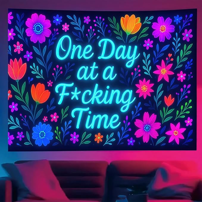 Starlit Patio Neon Flowers Blacklight Tapestry UV Reactive Wall Hanging One Day at a F*cking Time for Bedroom Dorm Living Room Glowing Motivational Decor Fluorescent Trippy Poster 78 x 59 Inch