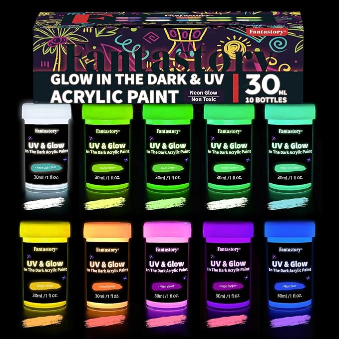 Fantastory Glow in the Dark Acrylic Paint,10 Bright Colors(30ml/1oz); Waterproof, Indoor Outdoor Black Light Paints for Halloween Rocks,Wood,DIY Crafts,Pumpkin, Adults