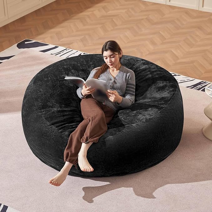 Bean Bag Chair 6Ft, Memory Foam Filled, Large Beanbag Chairs for Adults and Teens, Soft Sofa with Removable Flannel Cover, Round Couch for Living Room Bedroom College Dorm (Black, 6FT-67×67"×24")