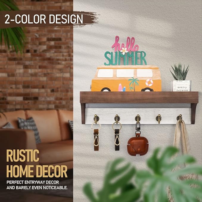 Rebee Vision Key Holder for Wall with Shelf - Farmhouse 2-Color Key Rack with 5 Retro Keys Hooks and Primitive Wood Mail Organizer Wall Mount - Decorative Rustic Home Decor (Brown & White)