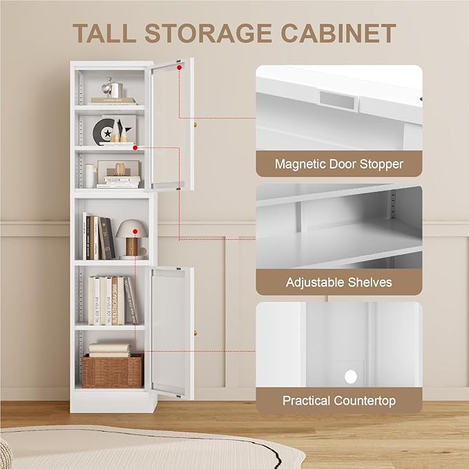 67" Tall Bathroom Storage Cabinet, Narrow Metal Floor Cabinet with Glass Door and Adjustable Shelves, Freestanding Metal Locker for Laundry, Kitchen, Dining Room