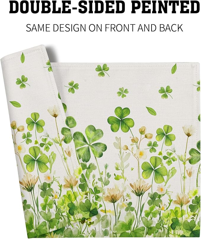 St. Patrick's Day Placemats Set of 4 Watercolor Green Shamrock Floral Spring Seasonal Washable Non-Slip Heat Resistant Place Mats 12x18 Inch Linen Table Mats for Kitchen Dining Party