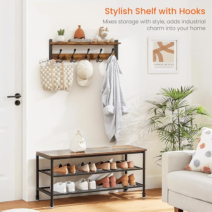 Homode Rustic Brown Wall Mount Coat Rack with Shelf and 5 Tri Hooks, Wood Coat Hangers for Hanging Hat, Towel, Purse, Jacket
